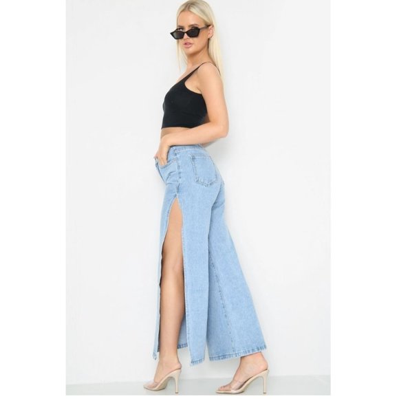 (NWT) Side Slit High Waist Wide Leg Jeans - Blue - Picture 1 of 8